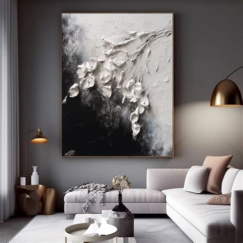 Black White Abstract Textured Painting 3D White Flower Textured Art ...