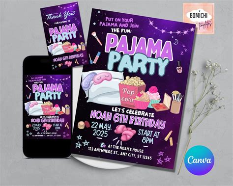 Editable Slumber Party Sleepover Invitation Pajama Party Invite