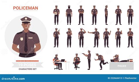 African American Black Policeman Poses Set Stock Vector Illustration