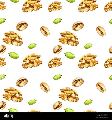 Seamless Pattern With Watercolor Nuts Hand Drawn Illustration Of