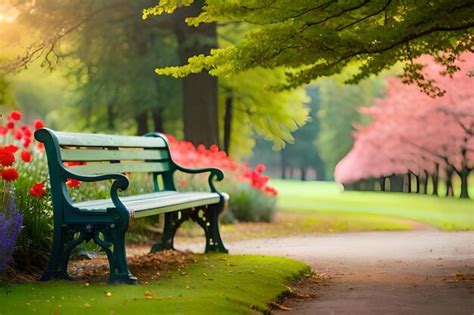 Premium Photo A Park Bench With Pink Flowers In The Background