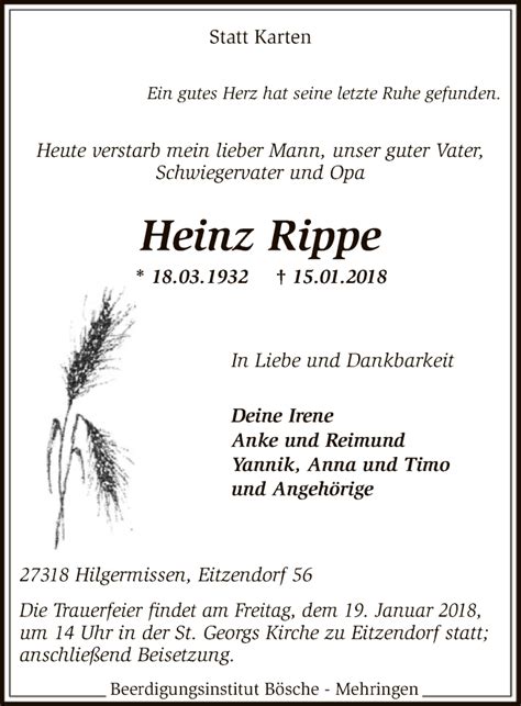 Traueranzeigen Von Heinz Rippe Trauer Kreiszeitung De