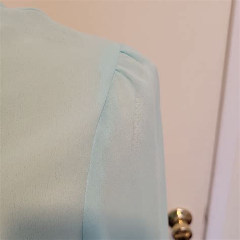 Vintage S High Neck Sky Blue Secretary Blouse Puff Gem