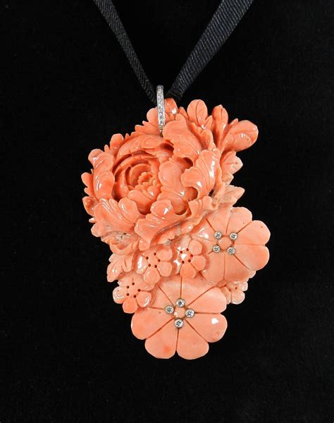 Carved Coral Flower Diamond K Pendant Necklace At Stdibs