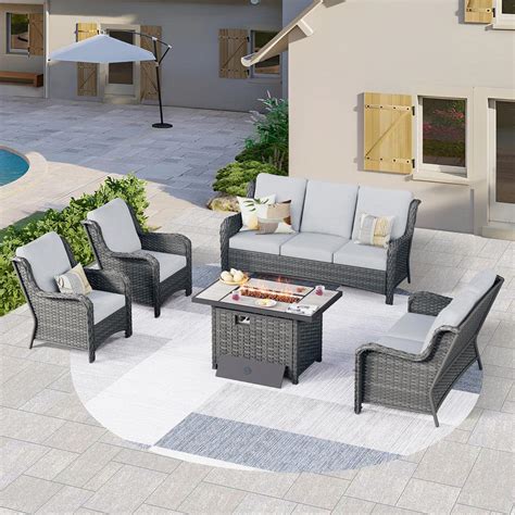 OVIOS Joyoung Gray 5-Piece Wicker Patio Rectangle Fire Pit Conversation ...