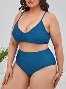 SHEIN Swim Vcay Plus Solid Bikini Set Swim Cami Top High Waisted Bottom Floral Cover Up