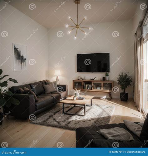 A Cosy Living Room Warm Lighting Architectural Visualization Stock