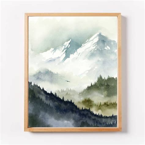 Aquarell Berge Wald Landschaft Kunstdruck große Wandkunst blau Etsy