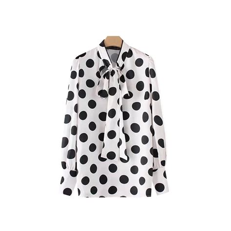 Nsz Bow Tie Polka Dot Print Camisa Women Chiffon Pearl Blouse Elegant