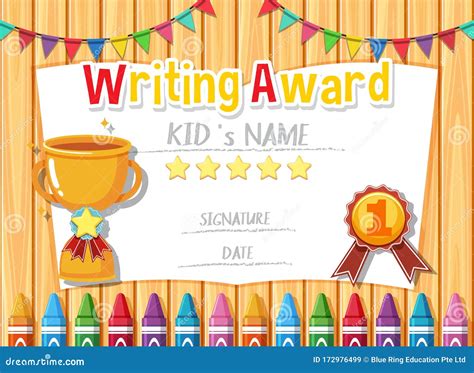 Certificate Template For Writing Award With Trophy In Background Stock