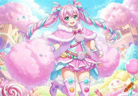 An anime girl with pink and turquoise pigtails, wearing a candy-themed ...