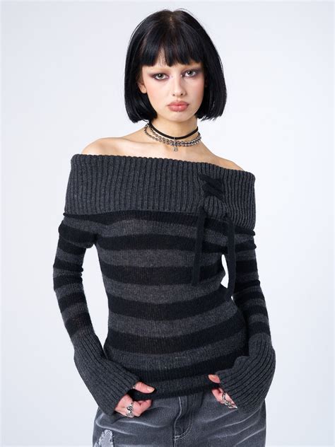 Black And Grey Striped Lace Up Bardot Knit Jumper Off Shoulder Grunge