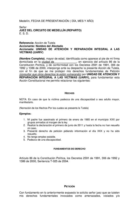 Formato accion de tutela Medellín FECHA DE PRESENTANCIÓN DÍA MES