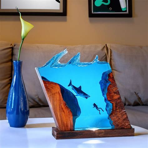 Shark And Diver Night Light Ocean Life Resin Lamp Epoxy Resin Table