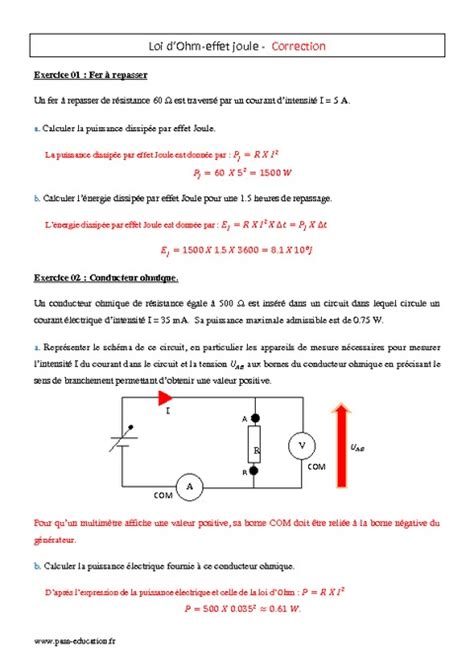 Effet Joule Loi D Ohm Re S Exercices Corrig S Pass Education