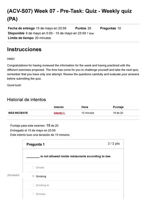 ACV S07 Week 07 Pre Task Quiz Weekly Quiz PA Ingles IV 30015