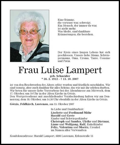 Todesanzeigen Von Luise Lampert Todesanzeigen Vorarlberger Nachrichten