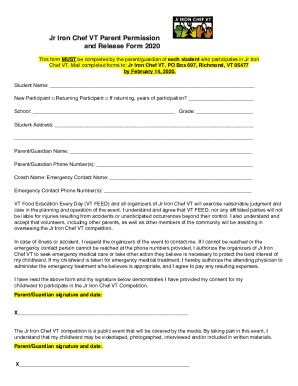 Fillable Online Jr Iron Chef Vt Parent Permission And Release Form