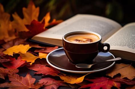 Premium Ai Image Autumn Fall Leaves Hot Steaming Cup Of Coffee Book