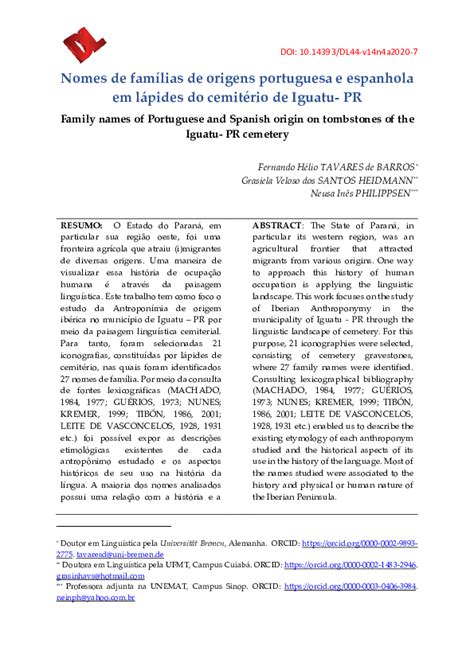 Pdf Nomes De Famílias De Origens Portuguesa E Espanhola Em Lápides Do Cemitério De Iguatu Pr