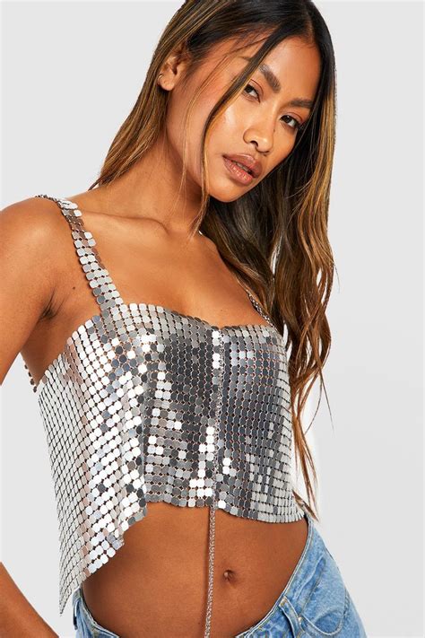 Womens Silver Chainmail Square Neck Cropped Top Boohoo Uk