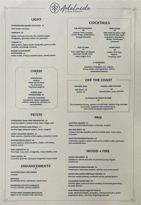 Adelaide Urban Brasserie Menu Slc Menu