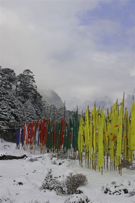 Snow Covered Yumthang Valley And Buddhist Prayer Flags In Winter Season