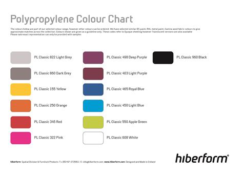 Polypropylene Colour Chart Hiberform Hiberform