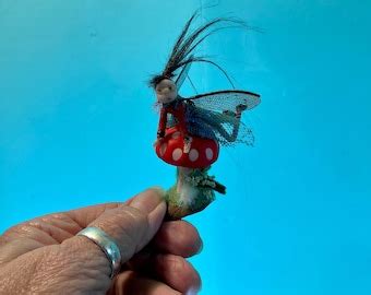 Ooak Poseable Super Tiny Pixie Fairy On A Red Dot Mushroom