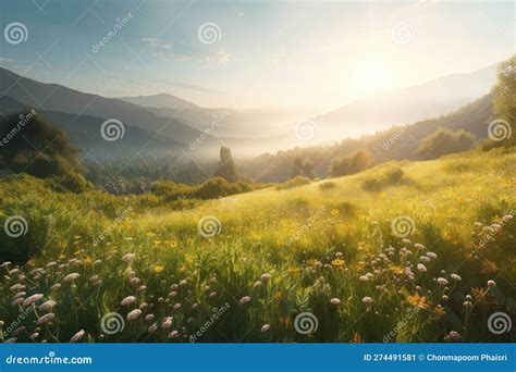 Morning Sun Light, Mountain, Flowers, Green Grasses, Warm. Stock Illustration - Illustration of ...