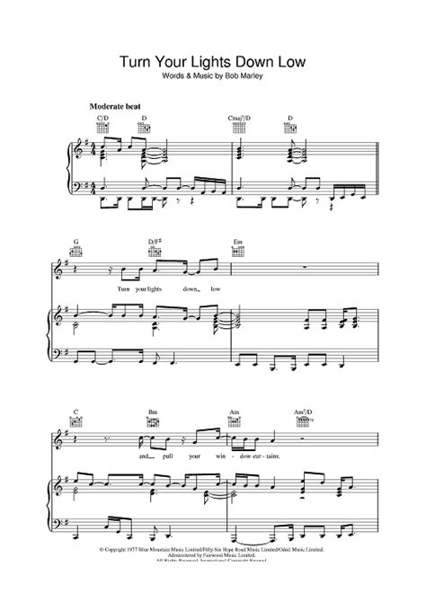 Turn Your Lights Down Low" Sheet Music by Bob Marley for Piano/Vocal/Chords - Sheet Music Now