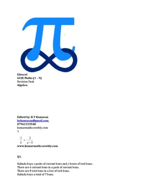 Edexcel Gcse Maths 1 9 Algebra Revision Pack Pdf Factorization