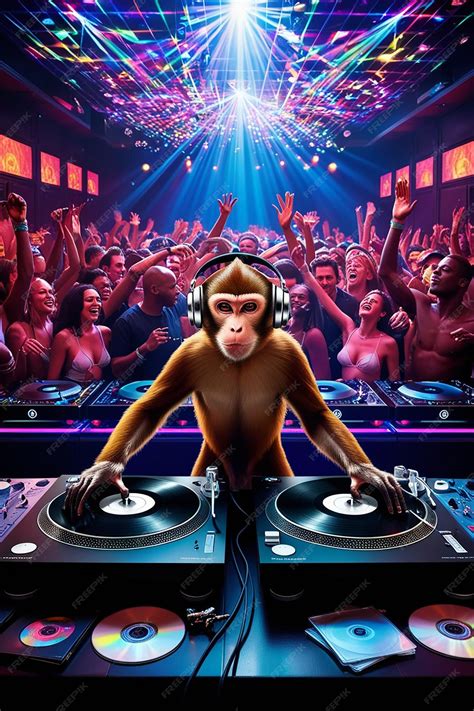 Monkey with headphones at the turntables crowdY nightclub flashing