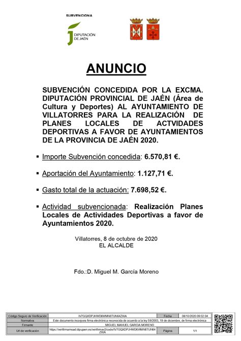 ANUNCIO SUBVENCIÓN DIPUTACIÓN PROVINCIAL JAÉN PARA PLANES LOCALES