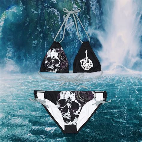 Skull Bikini Skull And Roses Print Middle Finger Bikini Strappy