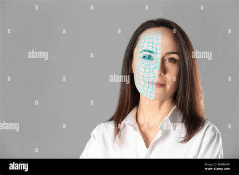 Facial Recognition System Mature Woman With Digital Biometric Grid On