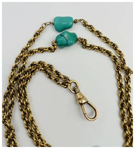 Victorian Ct Yellow Gold And Turquoise Long Guard Muff Chain With K