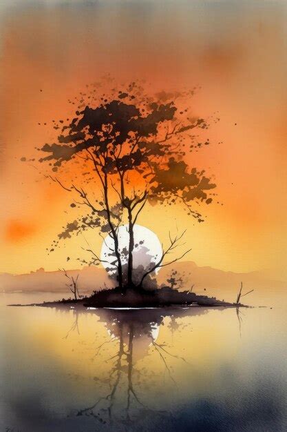 Premium AI Image | Watercolor drawing of a small island at sunset