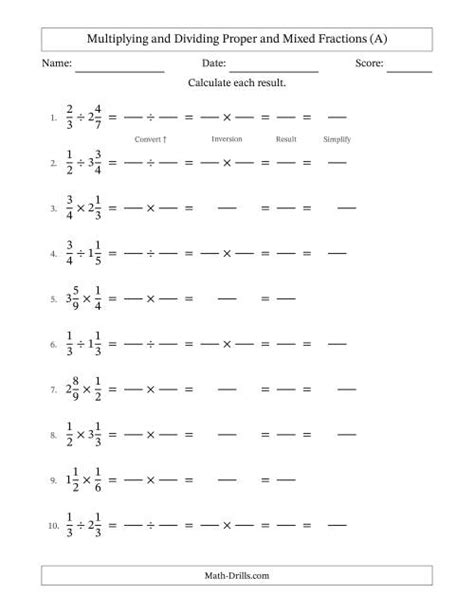 Multiplying And Dividing Proper And Mixed Fractions With All Simplifying Fillable A