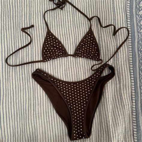 Frankies Bikinis X Pink Polka Dot Bikini Brown Depop