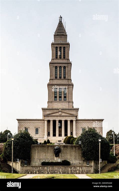 Front Facade Of George Washington Masonic National Memorial In A Cloudy