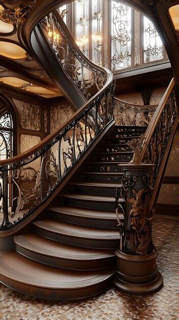 Ornate Wooden Staircase In A Grand Mansion Premium Ai Generated Image