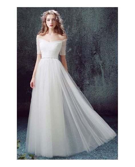 Simple A Line Off The Shoulder Floor Length Tulle Wedding Dress With