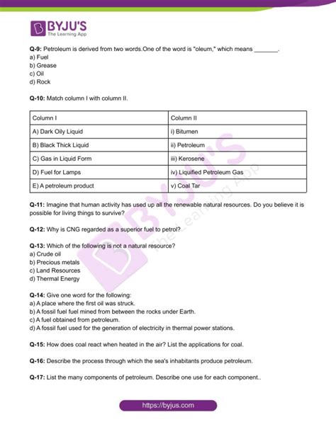 Class 8 Chemistry Worksheet On Chapter 5 Coal And Petroleum Set 2