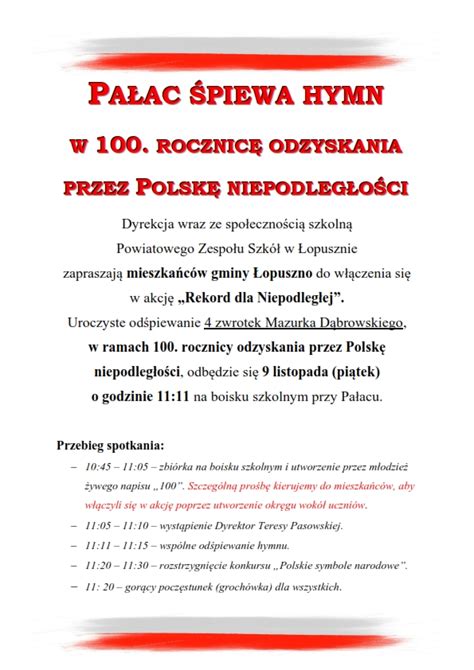 Zaproszenie 100 rocznica odzyskania niepodległości Powiatowy Zespół