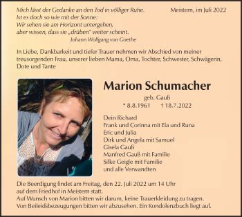 Traueranzeigen Von Marion Schumacher Schwarzw Lder Bote Trauer