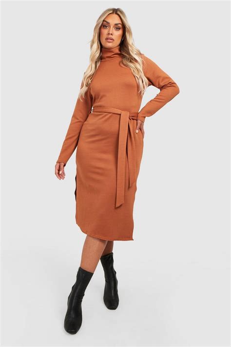 Plus Jumbo Rib Roll Neck Belted Midi Dress Boohoo