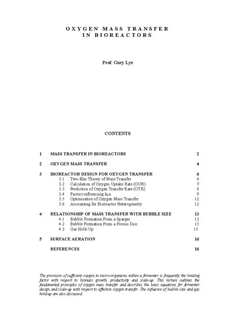 Week 7a Oxygen Transfer In Bioreactors Notes O X Y G E N M A S S T R A N S F E R I N B I O R