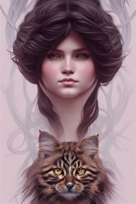 Symmetry Girl With Siberian Cat Intricate Stable Diffusion