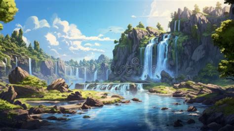 Breathtaking Anime Inspired Landscape Waterfall In Mountains Stock